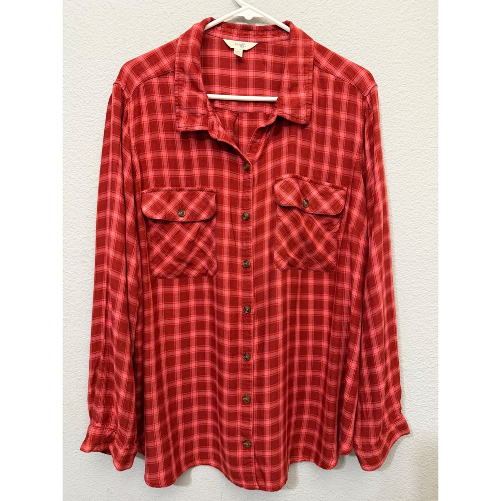 Terra & Sky Womens Shirt 3X Red Pink Plaid Viscose Long Sleeve Button Down Rodeo